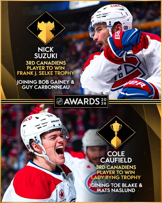 Top: an outline of the Frank J. Selke Trophy. Below in white and gold text reads, \"Nick Suzuki. Third Canadiens player to win Frank J. Selke Trophy joining Bob Gainey & Guy Carbonneau\". To the right is a photo of Suzuki on ice in a Canadiens uniform celebrating.\n\nBottom: Cole Caufield on ice in a Canadiens uniform celebrating. To the right is an outline of the Lady Byng Memorial Trophy. Below in white and gold text reads, \"Cole Caufield. Third Canadiens player to win Lady Byng Trophy joining Toe Blake & Mats Naslund\".
