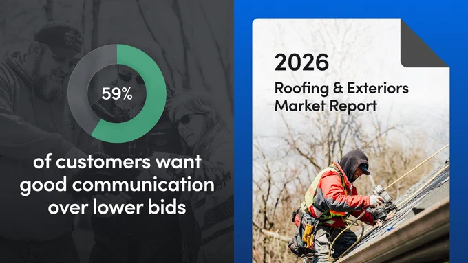 The image is a split design. The left side features a statistic in a circle: "59%," with the text, "of customers want good communication over lower bids." The right side shows a document titled "2026 Roofing & Exteriors Market Report" with an image of a person working on a roof.