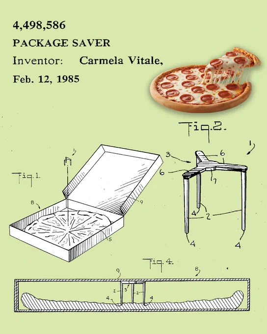 An illustration showing a patent for a "Package Saver" by Carmela Vitale, dated February 12, 1985. The image features a diagram of a pizza support stand, a box with a pizza, and a slice of pepperoni pizza with melting cheese.