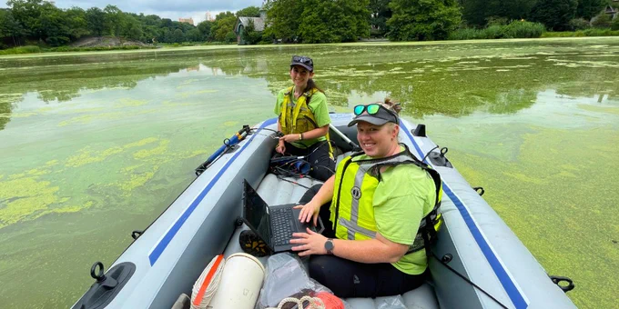 USGS staff use an inflatable rowboat to conduct water quality sampling in 6 different lakes of Central Park in New York City during summer 2025. Photos by Rebecca Gorney, USGS