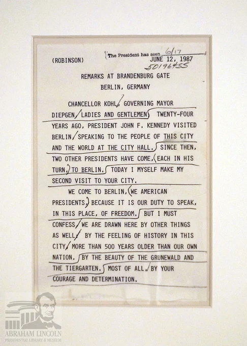 Typed speech remarks by President Ronald Reagan at Brandenburg Gate, Berlin, dated June 12, 1987, discussing freedom and history.