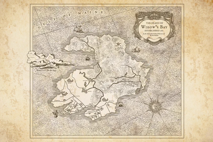 A map of the island of Widow's Bay. Text on the map reads, "The Island of Widow's Bay Established 1681 by the Honorable Richard Warren and his descendants."