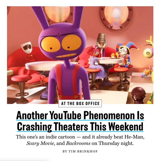 Another YouTube Phenomenon Is Crashing Theaters This Weekend
This one is an indie cartoon — and it already beat He-Man, Scary Movie, and Backrooms on Thursday night.

By Tim Brinkhof
