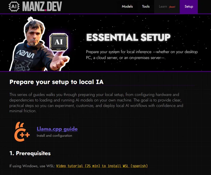 Captura de pantalla de la web ai.manz.dev, donde puedes encontrar esta guía paso a paso para utilizar modelos locales de IA.