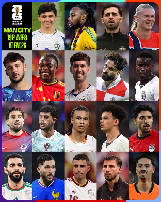 A graphic with photos of the 19 Manchester City players who will be representing their countries at FIFA World Cup 2026, with text that reads:

MAN CITY
19 PLAYERS
AT FWC26