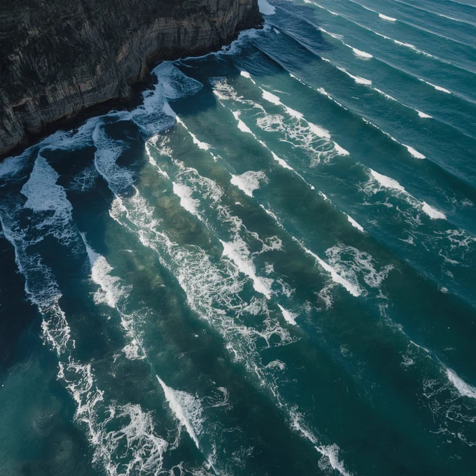 Waves of varying intensities roll towards rugged cliffs, creating patterns and textures on the ocean's surface in a dynamic seascape.