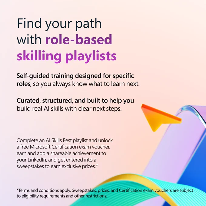 Gradient background with curved shapes in purple, orange, and teal. Text encourages users to ‘Find your path with role-based skilling playlists,’ describing self-guided training for specific roles, curated learning paths, and rewards such as Microsoft Certification exam vouchers and LinkedIn achievements.