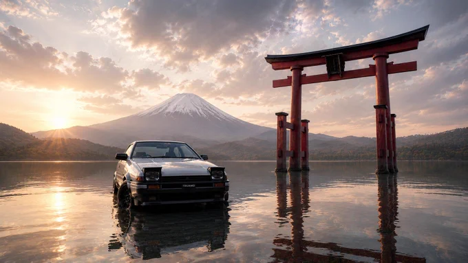 Un coche está aparcado en agua poco profunda frente a una puerta torii, con el Monte Fuji al fondo bajo un cielo nublado al amanecer o al atardecer.