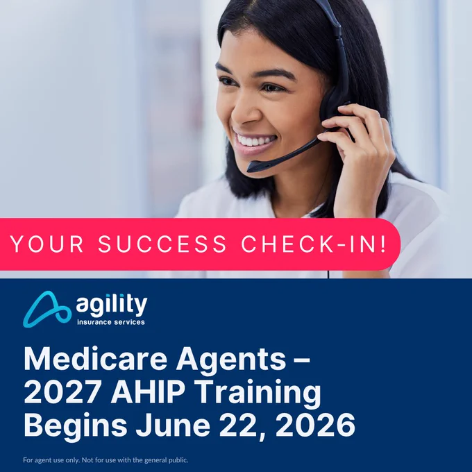 A smiling woman with a headset is promoting Agility Insurance Services' AHIP training for Medicare agents starting June 22, 2026.