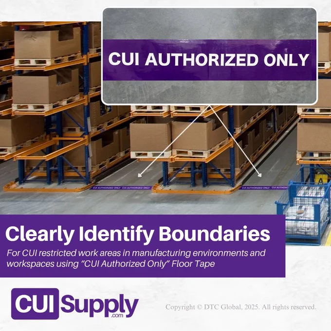 Mark CUI restricted work areas with clearly identified boundaries using the "CUI Authorized Only" floor tape in manufacturing environments and workspaces for personnel and visitors. Used as part of a broader compliance strategy, it can be an effective component of a layered physical security approach.