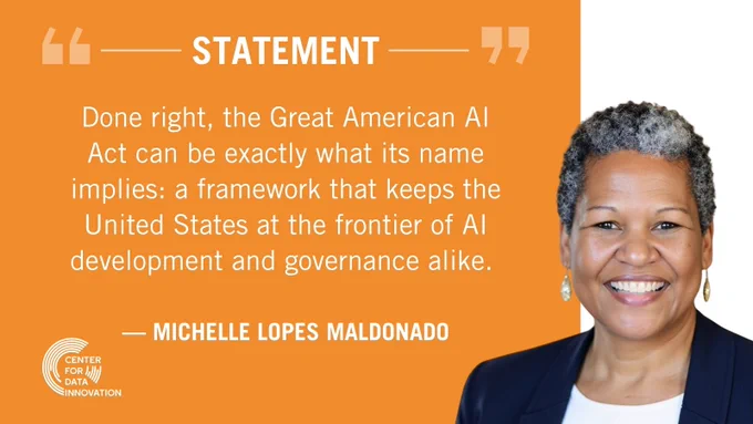 A statement about the Great American AI Act emphasizing the importance of AI development and governance, featuring Michelle Lopes Maldonado. The mood is professional and optimistic.