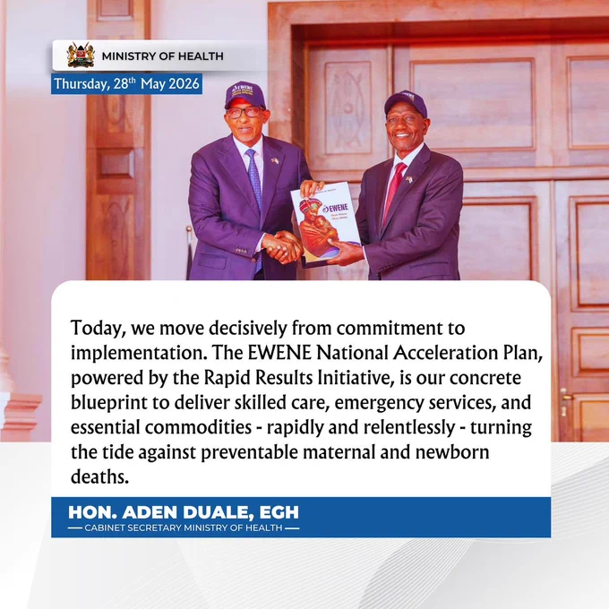 Kenya has made history as the first country globally to launch the Every Woman Every Newborn Everywhere (EWENE) Acceleration Plan 2026–2028, a bold commitment to reducing preventable maternal & newborn deaths.

The national framework was officially unveiled by H.E. President Dr William Ruto & First Lady Rachel Ruto, marking a significant milestone in Kenya’s efforts to improve maternal & newborn health outcomes.

The plan focuses on strengthening healthcare services, accountability, and targeted interventions, particularly in 26 high-burden counties. Complementing this effort is a six-month Maternal & Newborn Health Rapid Results Initiative (RRI), which will accelerate implementation through five key pillars: Finance & Governance, Human Resources for Health, Data & Monitoring, Commodities & Technologies & Service Delivery.

A highlight of the launch was the flagging off of 20 lorries carrying maternal & newborn health equipment destined for high-burden counties across the country.