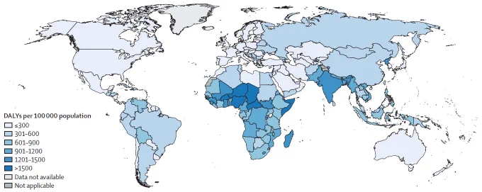 Figure showing foodborne DALYs per 100 000 population by country, 2021. DALYs=disability-adjusted life-years. Copyright: 2026 World Health Organization. Published by Elsevier Ltd. This is an Open Access article published under the CC BY 3.0 IGO license.