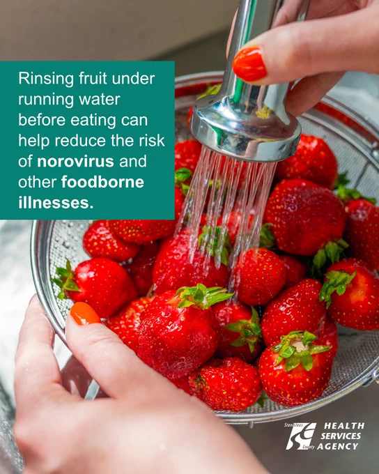 Rinsing fruit under running water before eating can help reduce the risk of norovirus and other foodborne illnesses.