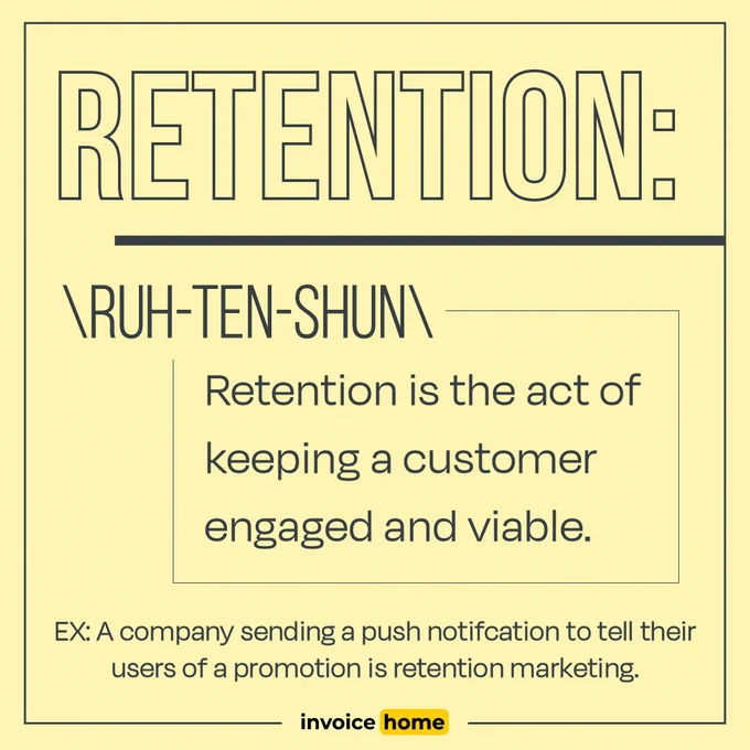 An educational graphic explaining customer retention. It includes the pronunciation, definition, and an example of retention marketing.