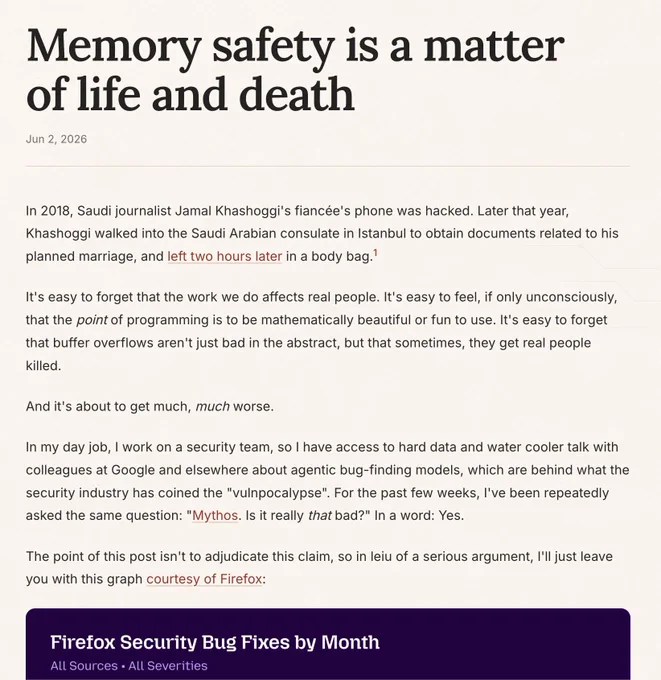 Image: Memory safety is a matter of life and death 


>> Joshua (Staff Software Engineer at Google) argues that memory safety bugs will soon kill more people as AI agents unleash mass exploits. Rust is our best defense, and its success is a moral imperative. 


#rustlang #rust




