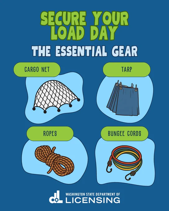 The essential gear for securing your load: Cargo net, blue tarp, ropes, and bungee cords.