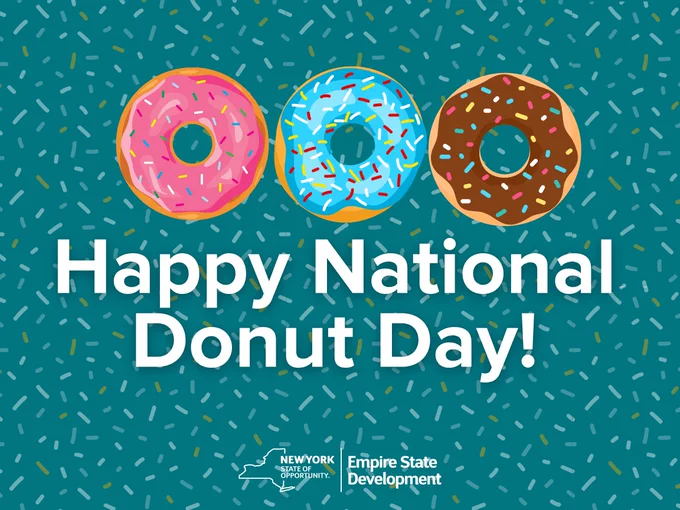 A teal background covered in transparent sprinkles with three donuts overtop, the copy claims 'Happy National Donut Day!"