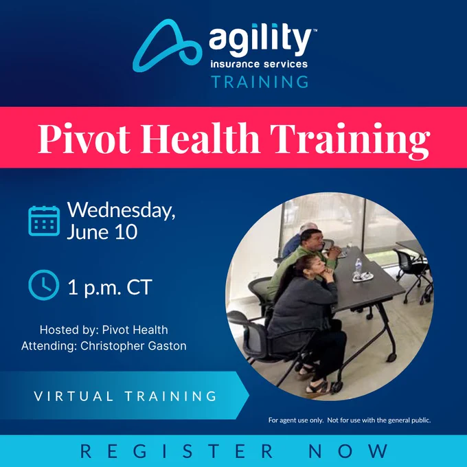 Virtual health training hosted by Pivot Health with Christopher Gaston attending, scheduled for June 10 at 1 p.m. CT. The design is professional and informative.