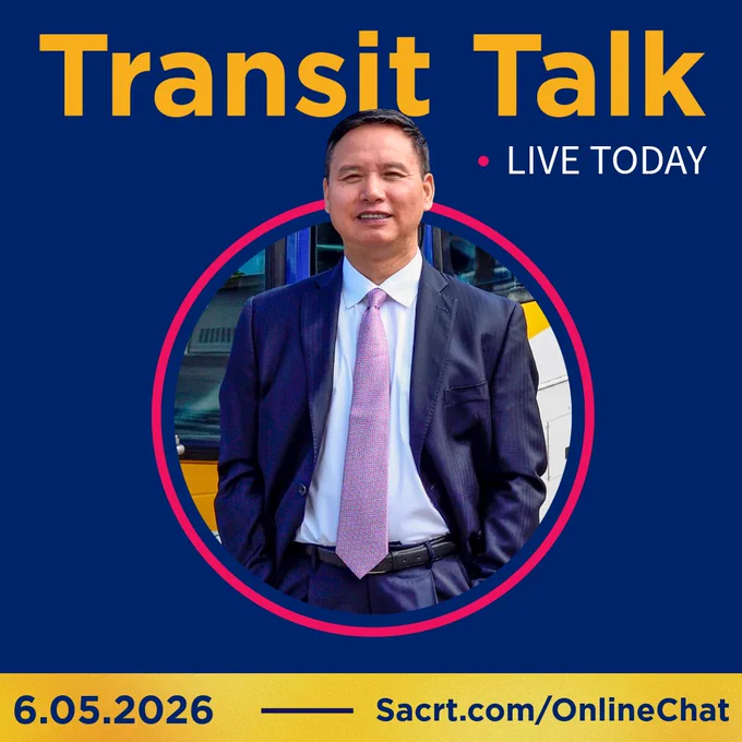 Business-suited man standing by a bus, promoting Transit Talk — Live Today. Date: 6.05.2026; sacrt.com/OnlineChat