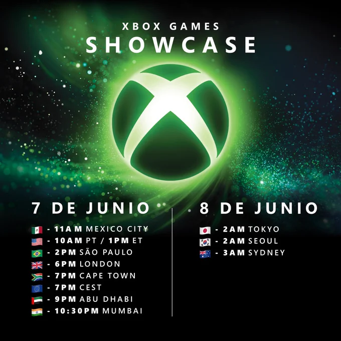 Gráfica del XBOX Games Showcase con logo verde brillante y horarios globales del evento para el 7 y 8 de junio.