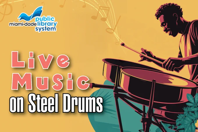 Smiling person in silhouette plays steel drums with mallets. Text reads: 'Live Music on Steel Drums'. 