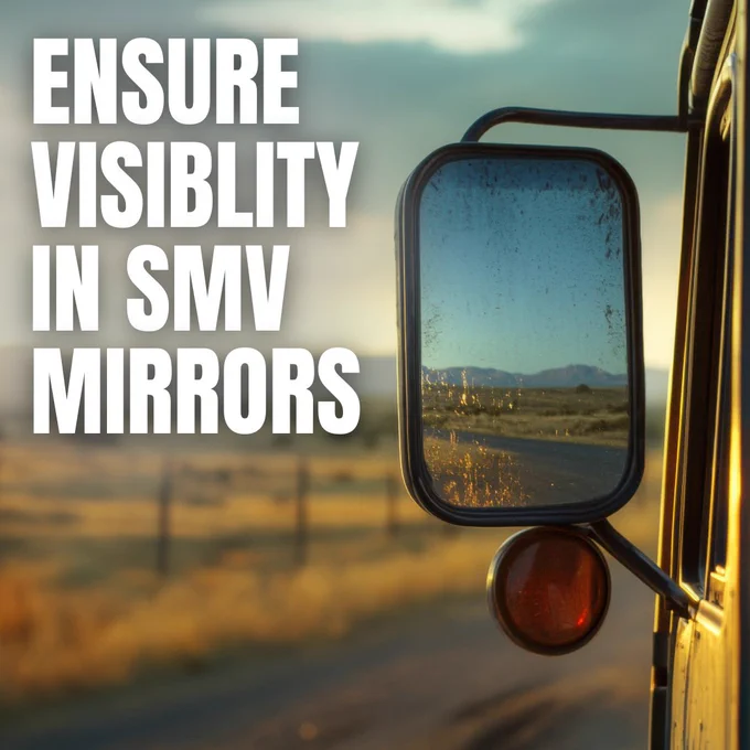 Image of a tractor side mirror with a reflection of a rural road.

Large text on the image states, "Ensure visibility in SMV mirrors."