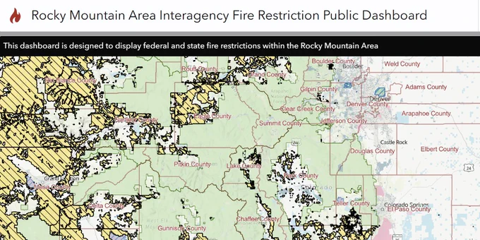 Screenshot of Rocky Mountain Area Interagency Fire Restrictions interactive map showing federal and state fire restrictions in the Rocky Mountain Area.