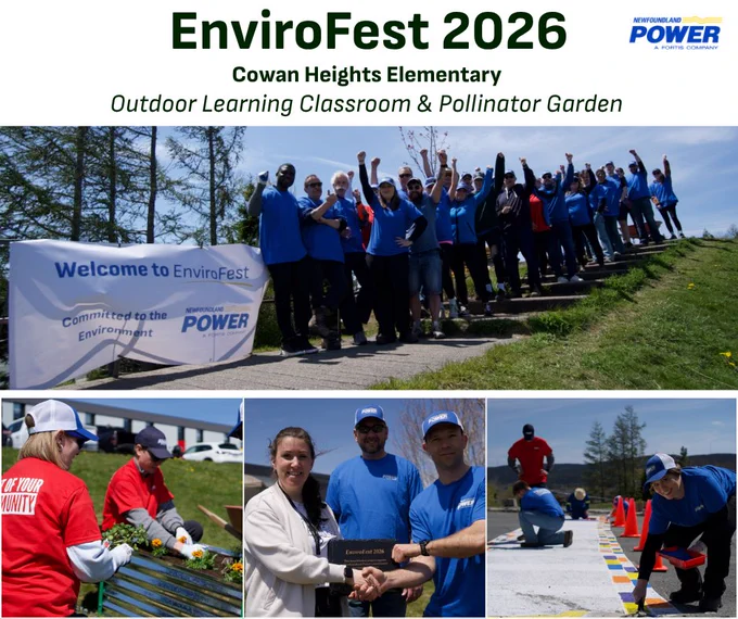 A collage-style image promoting EnviroFest 2026 at Cowan Heights Elementary School’s Outdoor Learning Classroom and Pollinator Garden. The top section shows a large group of volunteers in blue shirts gathered outdoors on a sunny day, raising their arms and standing beside a banner that reads “Welcome to EnviroFest – Committed to the Environment – Newfoundland Power.” The bottom section features three smaller photos: on the left, volunteers in red shirts planting flowers in a raised garden bed; in the centre, three people holding an EnviroFest 2026 plaque; and on the right, volunteers painting a crosswalk in Pride colours, creating a bright, rainbow pattern on the pavement, with traffic cones and an open paved area visible in the background.