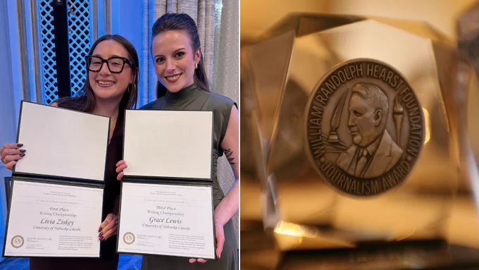 two women hold certificates (on the left) an award with a man's face in metal (on the right)