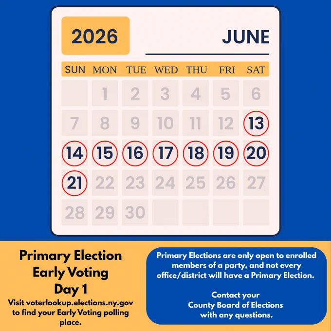 June 2026 calendar with the 13th through the 21st circled in red. Text that states "Primary Election Early Voting Day 1. Visit voterlookup.elections.ny.gov to find your Early Voting polling place. Primary Elections are only open to enrolled members of a party, and not every office/district will have a Primary Election. Contact your County Board of Elections with any questions."