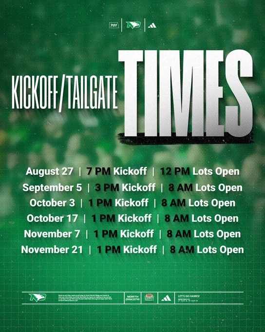 Kickoff/tailgate schedule poster with dates and times. Includes events on August 27, September 5, October 3, October 17, November 7, and November 21 with kickoff at 7 PM, 3 PM or 1 PM and lots opening at 12 PM or 8 AM. 