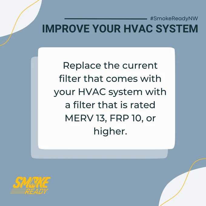 Panel that says: IMPROE YOUR HVAC SYSTEM. Replace the current filter that comes with your HVAC system with a filter that is rated MERV 13, FRP 10 or higher.
