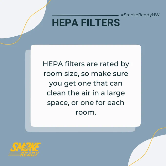 Panel that says: HEPA FILTERS. HEPA filters are rated by room size, so make sure you get one that can clean the air in a large space, or one for each room.