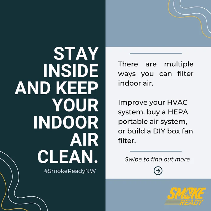 Panel that says: Stay Inside and Keep Your Air Clean. There are multiple ways you can filter indoor air. Improve your HVAC system, buy a HEPA portable air system, or build a DIY box fan filter.