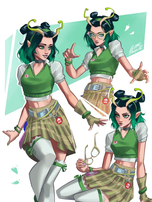 Collage of illustrations based on Mantis’s “ESU College Life” skin in Marvel Rivals.