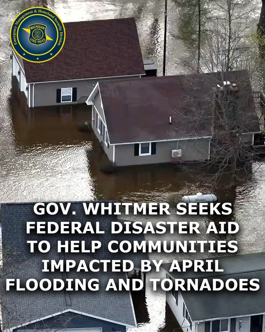 graphic that says "Gov. Whitmer seeks federal disaster aid to help communities impacted by April flooding and tornadoes"