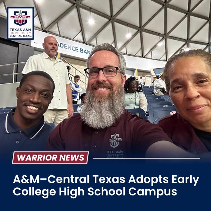 A group of people sits together in a stadium-like setting. One person with a beard is taking a selfie. The image features a logo and text indicating Texas A&M University-Central Texas. A banner in the background reads "Warrior News," with a headline about adopting an early college high school campus.