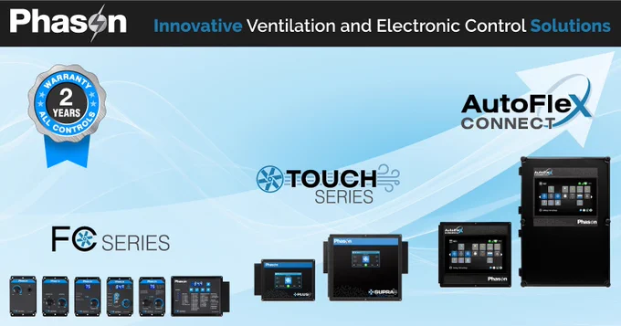 Promotional graphic featuring Phason's FC Series, Touch Series and AutoFlex Connect barn control systems for environmental monitoring and livestock ventilation to farm automation.