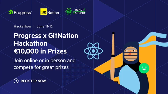 Poster for the Progress x GitNation Hackathon on June 11-12, offering €10,000 in prizes. Participants can join online or in person. 