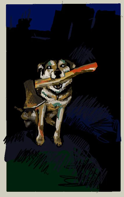 A digital art piece of a dog outside at night, holding an axe in their mouth. The dog sits on the grass as silhouettes of nearby buildings stand in the background.