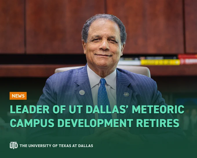 Photo of a smiling Dr. Calvin D. Jamison sitting at his desk, with the headline "Leader of UT Dallas’ Meteoric Campus Development Retires"
