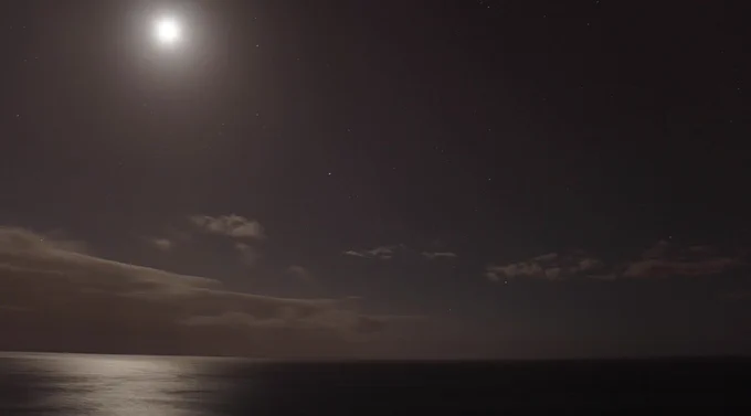 Moonlit ocean under a dark sky with soft scattered clouds