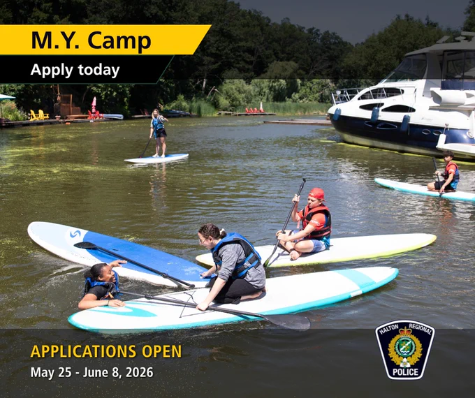 Previous M.Y. Camp participants on paddle boards with overlay text reading “M.Y. Camp. Apply today. Applications Open. May 25 – June 8, 2026”.