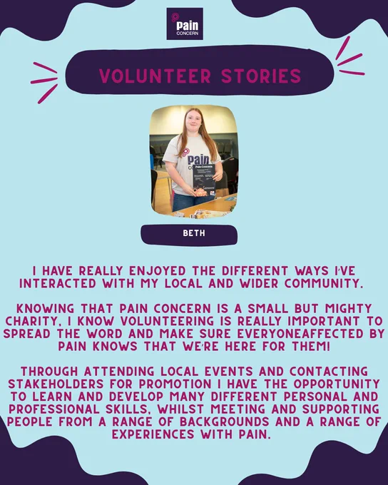 Volunteer Beth shares her rewarding experience supporting Pain Concern by engaging with the local community and raising awareness about pain.