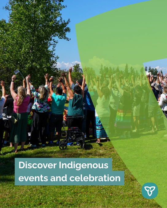 Copy: Discover Indigenous events and celebrations
Alt text: A group of people raising their hands in celebration at an outdoors Indigenous event