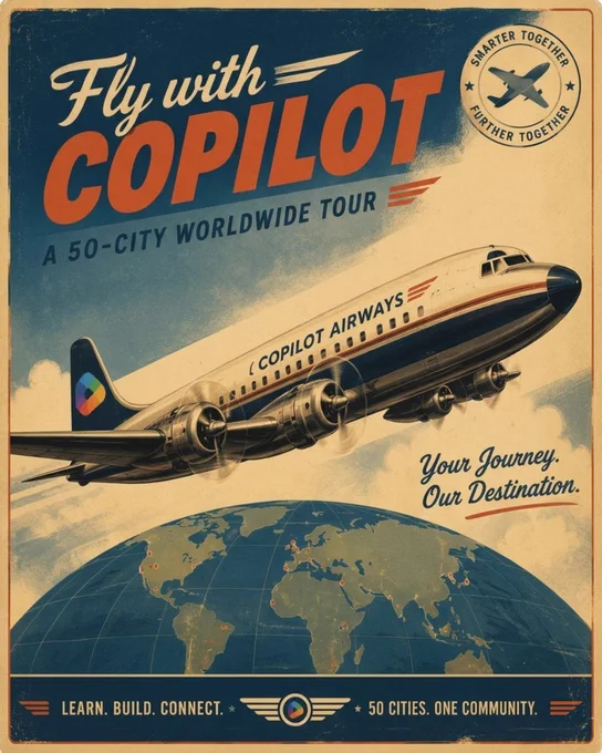 A retro‑style travel poster featuring a vintage airplane labeled “Copilot Airways” flying above a globe. Bold text promotes a “50‑City Worldwide Tour” with the tagline “Your Journey. Our Destination. Learn. Build. Connect.” A circular badge in the corner shows an airplane silhouette with the phrases “Smarter Together” and “Further Together,” reinforcing the global community theme.