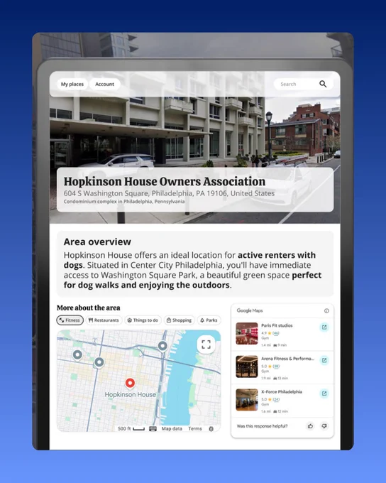A digital interface displays information for the Hopkinson House Owners Association in Philadelphia, featuring a hero image of a modern white condominium building. Below the image, an "Area overview" section describes the location as ideal for renters with dogs due to its proximity to Washington Square Park. The bottom of the screen includes an interactive map and a list of nearby fitness centers with ratings and travel times, with navigation buttons for "My places" and "Account" at the top.