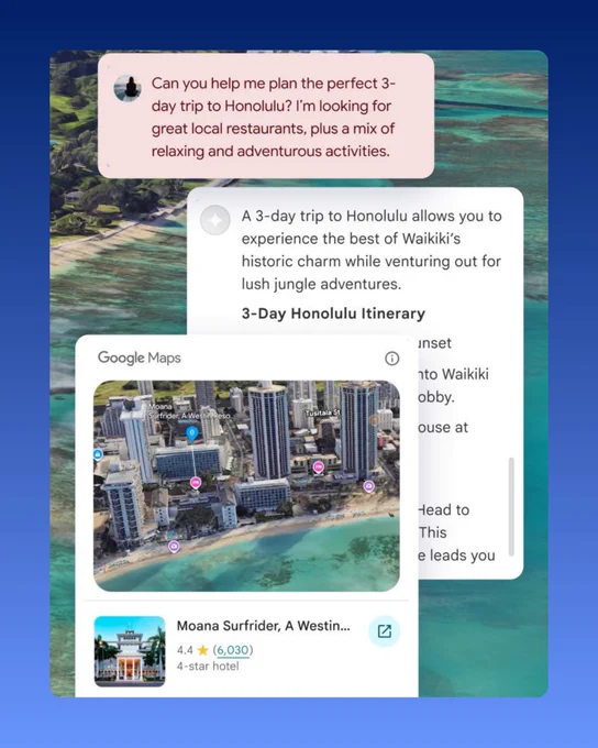 A chatbot interface shows a user asking for a 3-day Honolulu itinerary with local food and a mix of relaxing and adventurous activities. The AI responds with a suggestion to experience Waikiki’s historic charm and jungle adventures, accompanied by a Google Maps widget showing an aerial view of the Moana Surfrider hotel. The background is a scenic aerial shot of a tropical coastline and turquoise ocean.