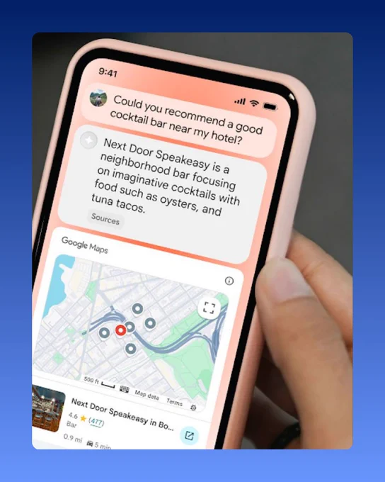 A hand holds a smartphone displaying an AI chat interface where a user asks for a cocktail bar recommendation near their hotel. An AI response describes Next Door Speakeasy as a bar with imaginative cocktails and food like oysters and tuna tacos, accompanied by a Google Maps card showing the location and a 4.6-star rating.